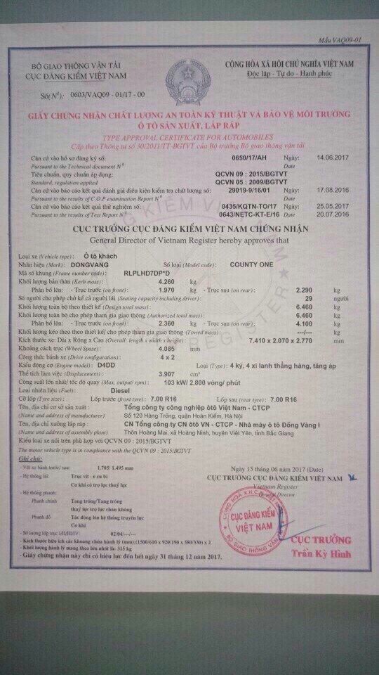 Giấy CNCL xe County Đồng Vàng Thân Dài