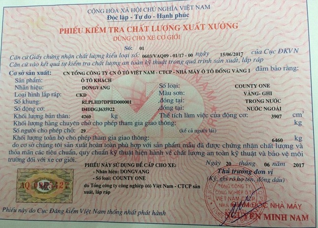Phiếu xuất xưởng xe County Đồng Vàng Thân Dài